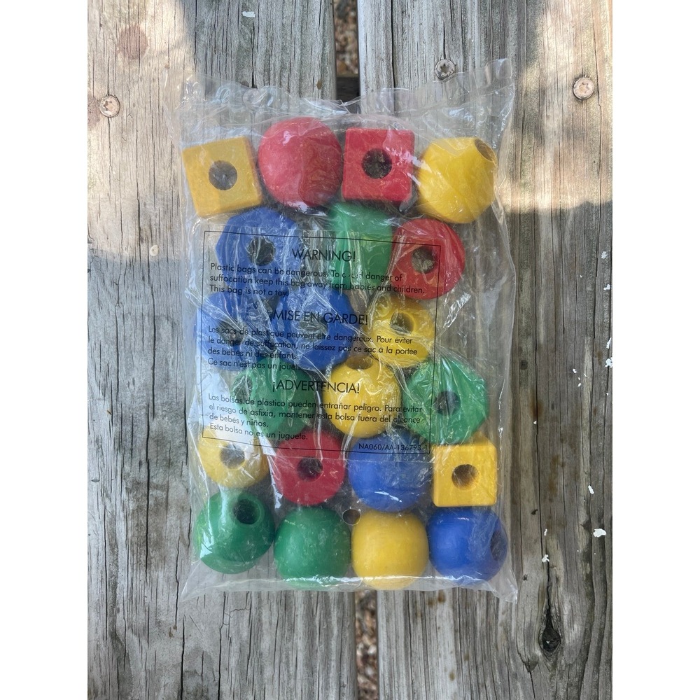 WOOD Beads Primary Colors set of 21, 5 shapes NIB - Picture 2 of 2